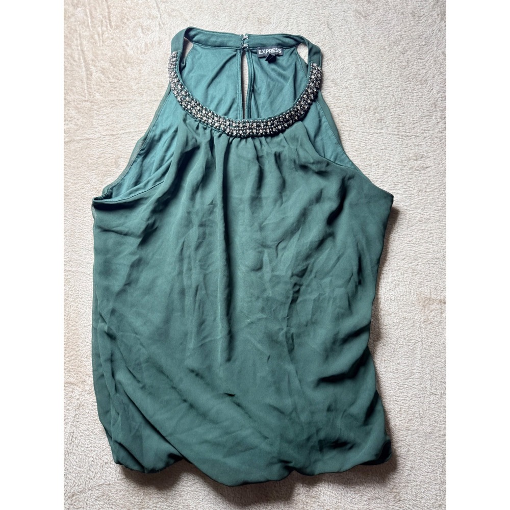 Y2K Express Womens Green Beaded Rhinestone Halter  Chiffon Blouse Office Sien‎